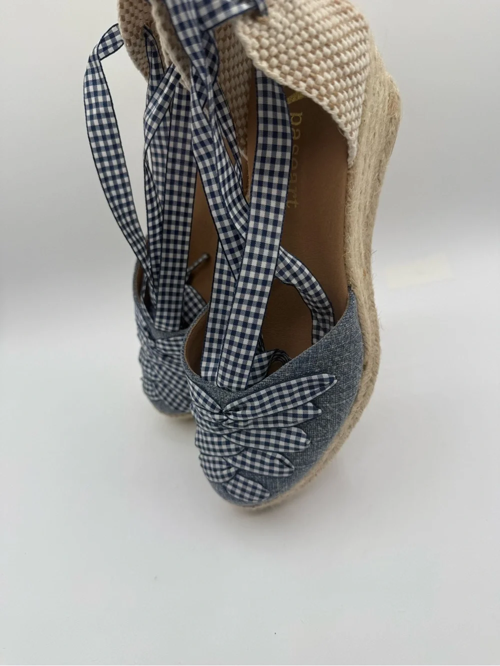 Paseart Denim Espadrille Wedge Sandals Blue Gingham Lace-Up Ankle Tie Platform